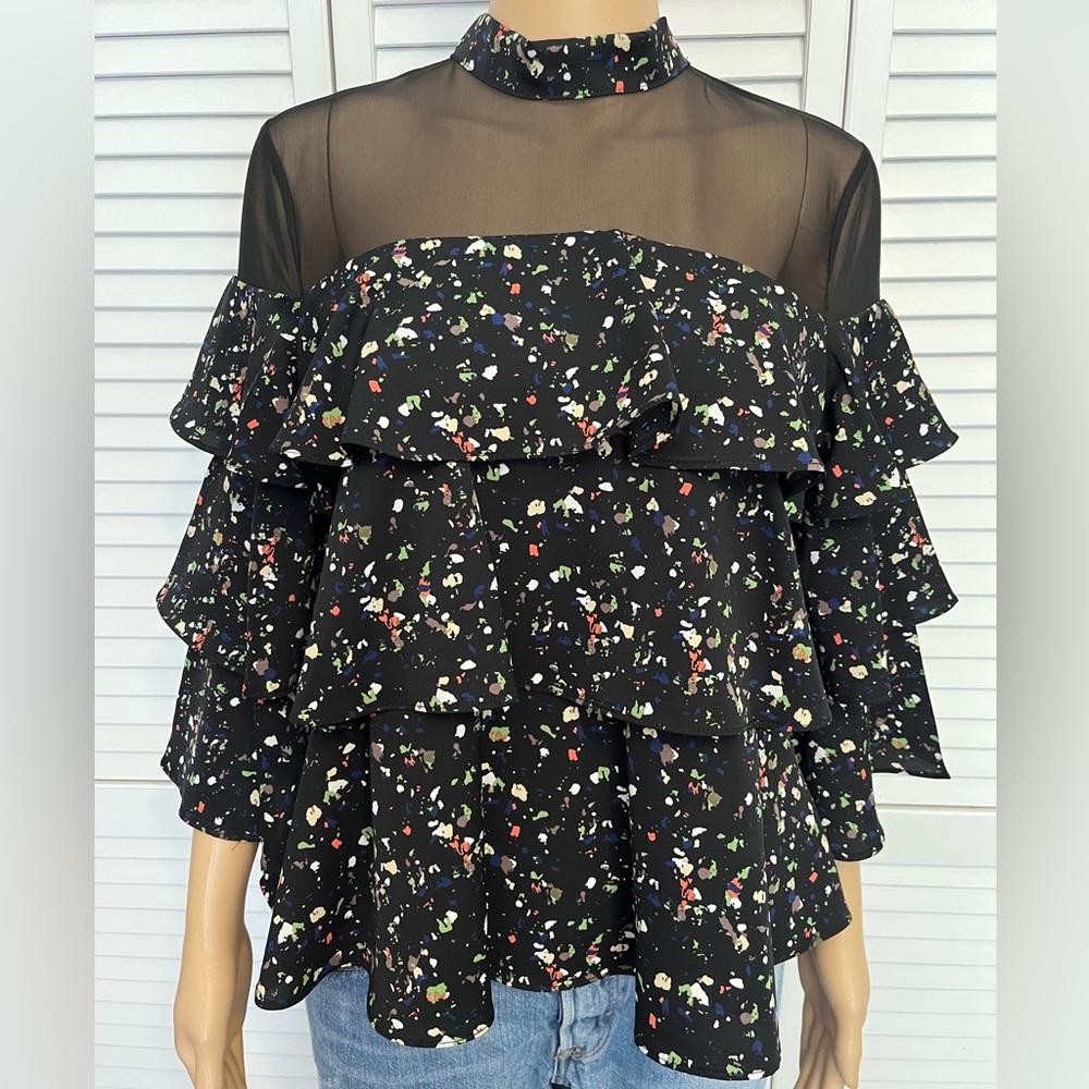 Pretty P. Luca Milano size S black multi print tiered shirt blouse NWT